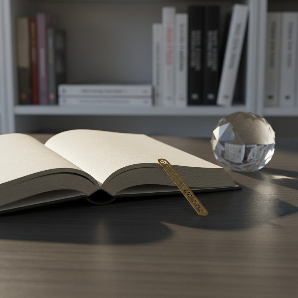 Libro aperto con una penna da lettura oro posizionata sull'ultima pagina aperta. Nello sfondo, un tavolo con una sfumatura...