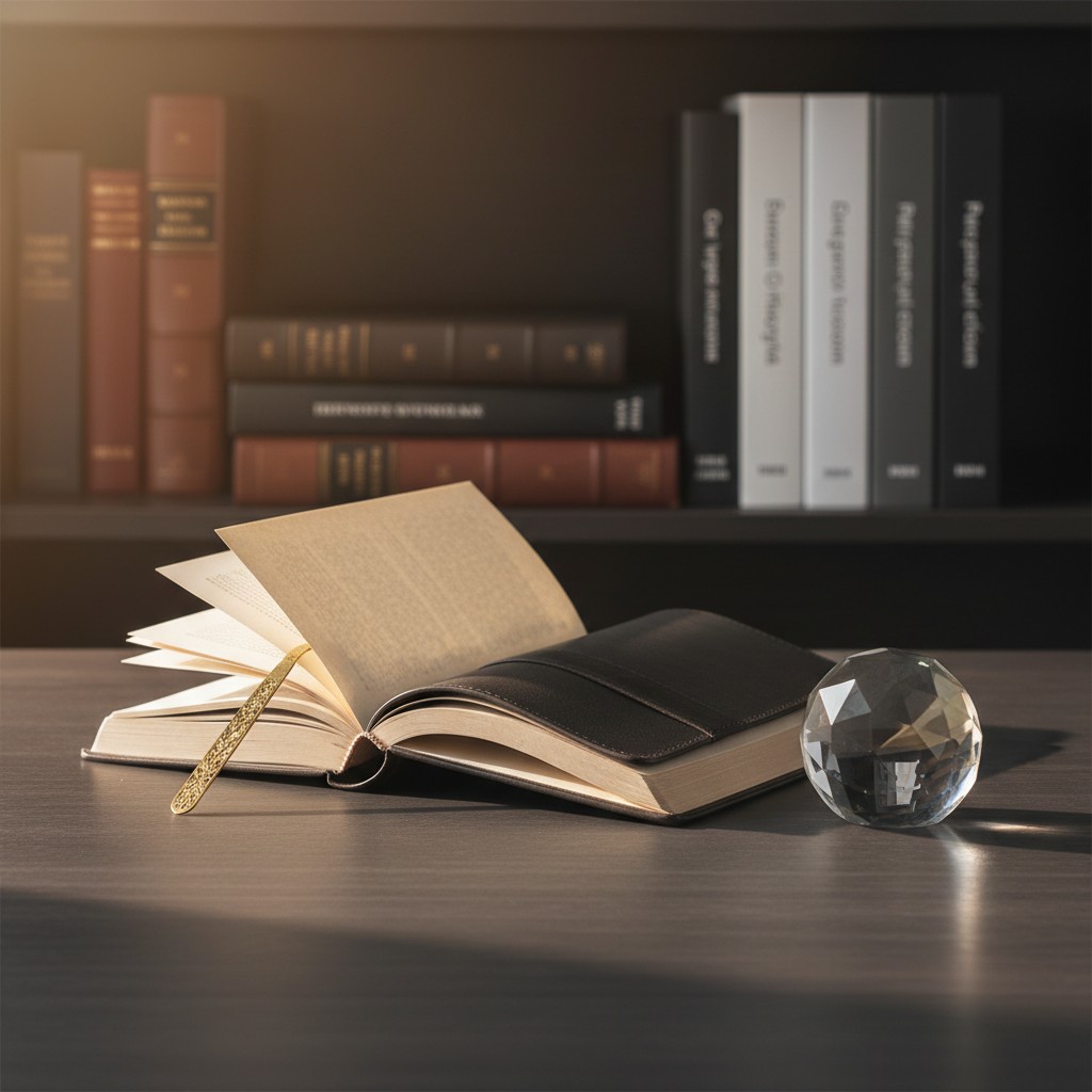 Libro, occhiale e sfera cristallina in una bella composizione