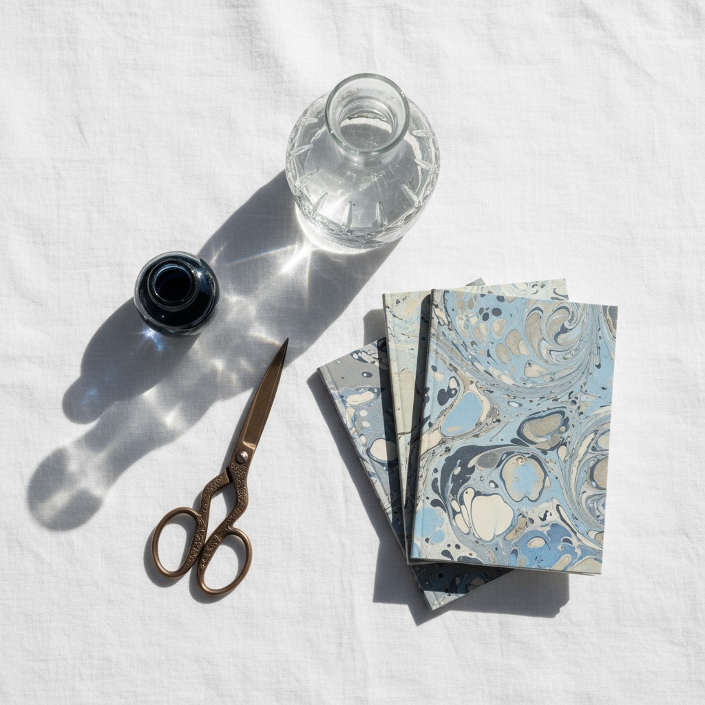 Scissor, water bottle, ink and notebooks on white fabric cloth.