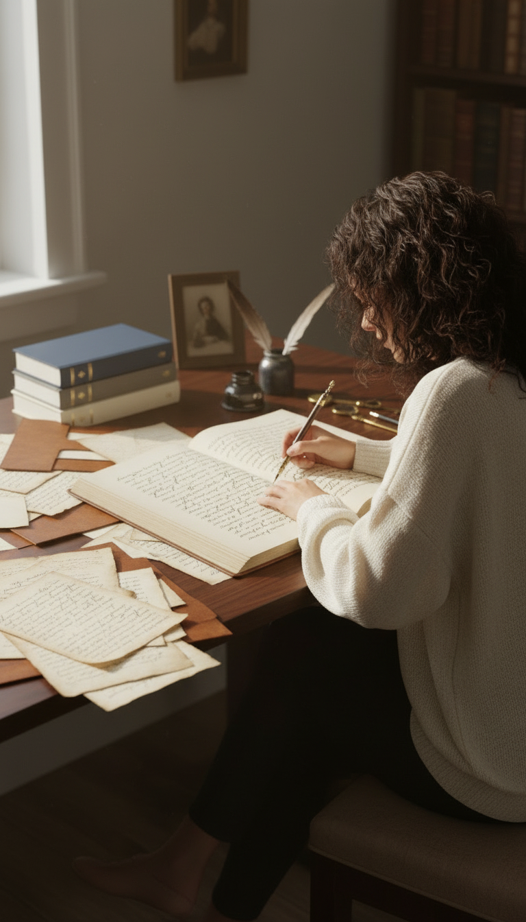 scrittrice al lavoro, manoscritti, strumenti di scrittura elegante, pagine di testo, calligrafia o atmosfera da studio letterario