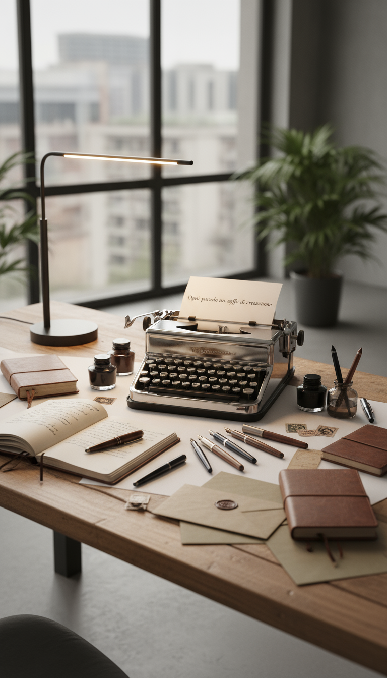 scrittura elegante, strumenti da scrittore, taccuini, penne stilografiche, macchina da scrivere, atmosfera creativa e contemporanea
